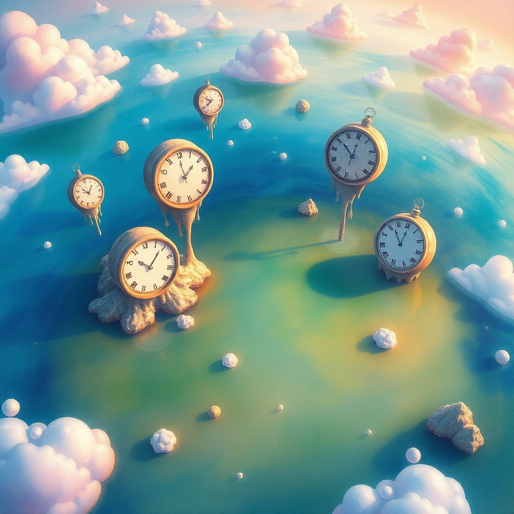 AI generated art for prompt: A dreamy, surreal landscape featuring an aerial view above a serene lake, blending whimsical element