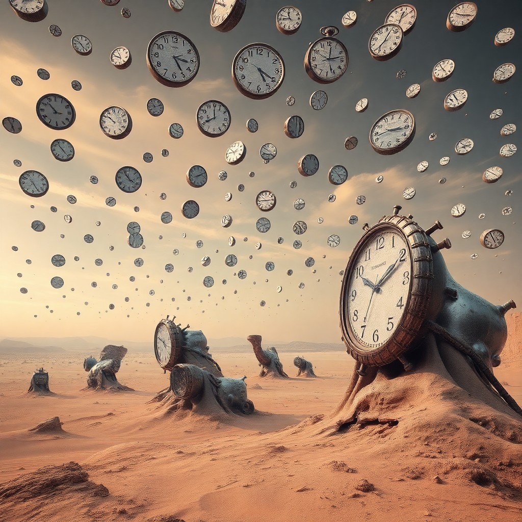 AI generated art for prompt: Imagine a surreal vista where the eerie timelessness of Salvador Dali's iconic melting clocks intert