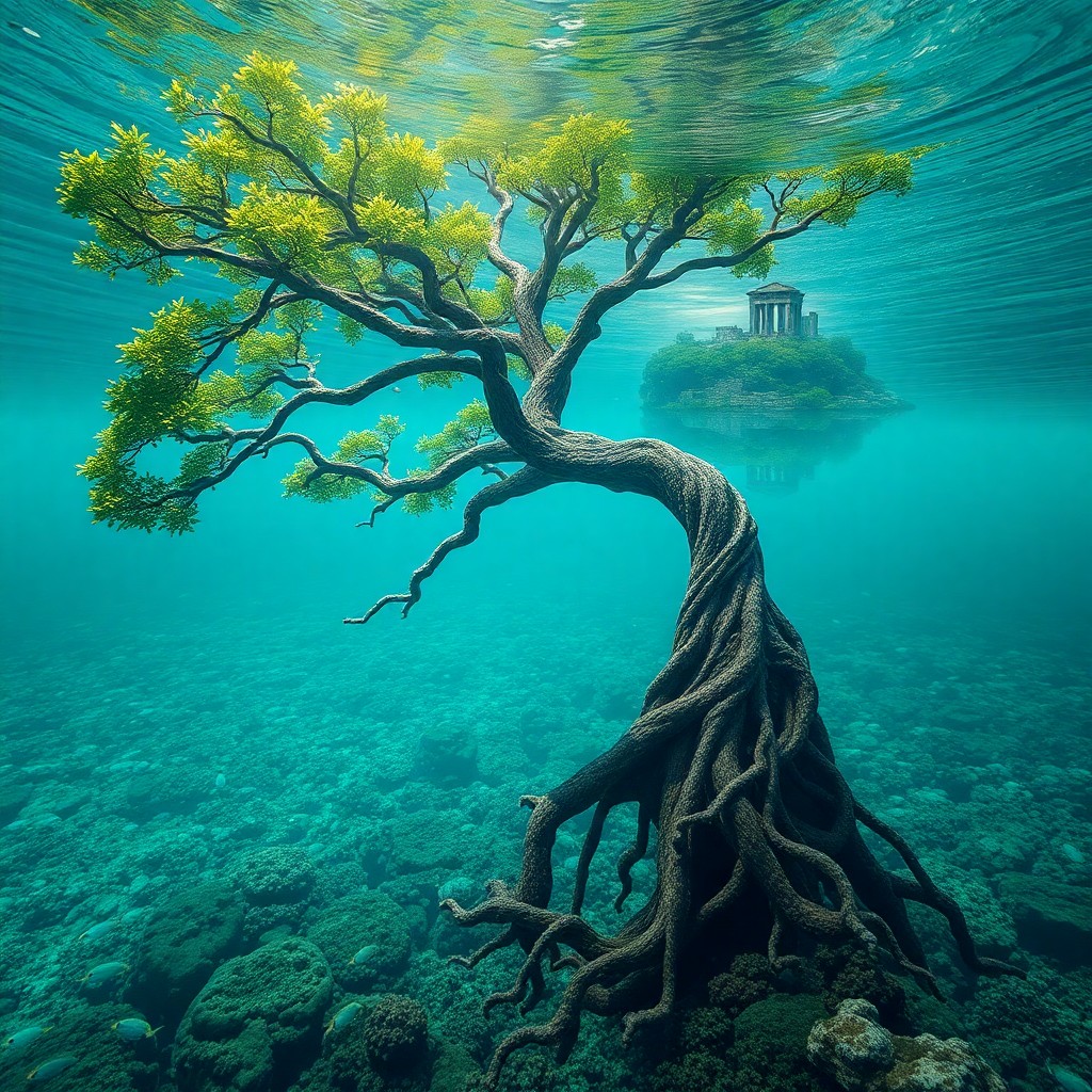 AI generated art for prompt: A surreal underwater landscape featuring an ancient tree with twisted roots and vibrant green foliag