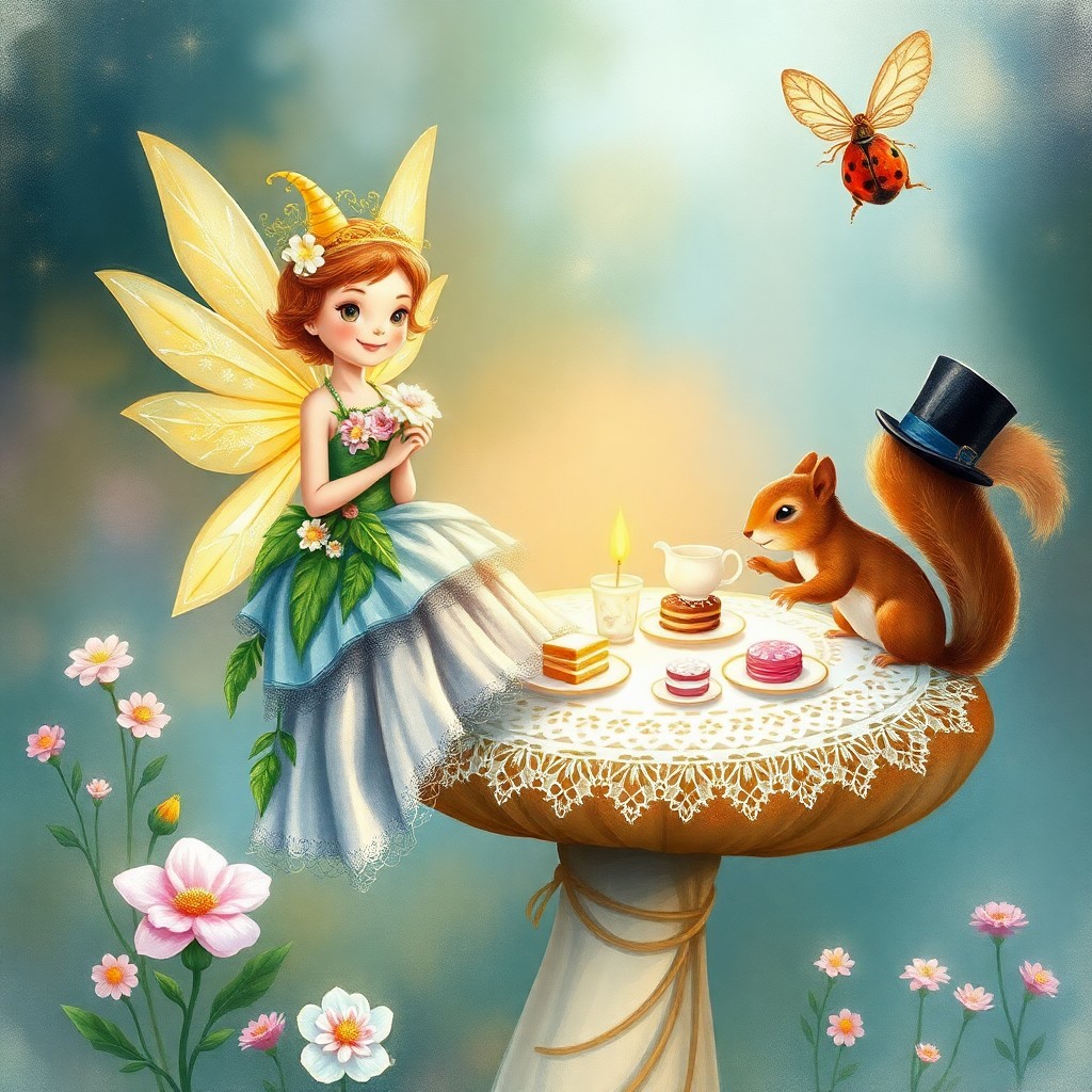 AI generated art for prompt: A whimsical illustration capturing the essence of Beatrix Potter's world, depicting an enchanting fa