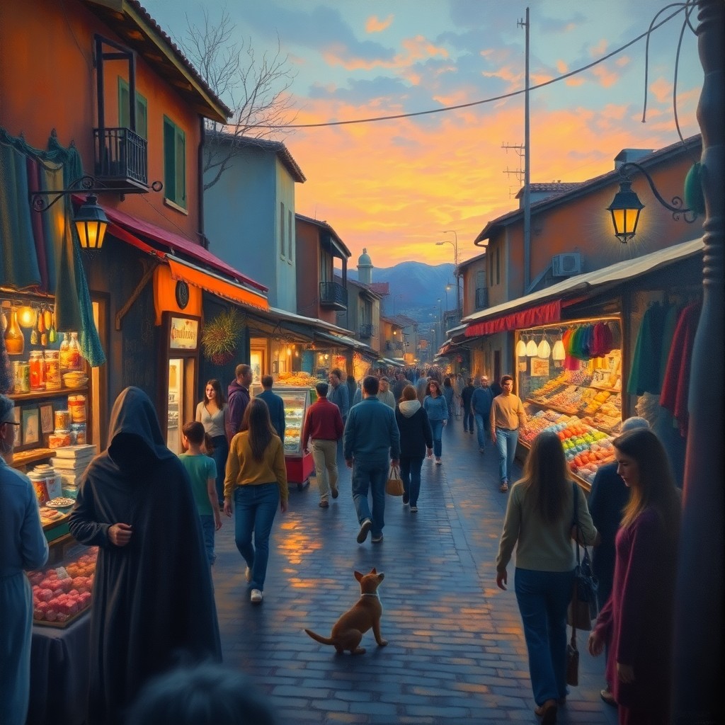 AI generated art for prompt: A surreal oil painting depicting a bustling street market at twilight captures the viewer's imaginat