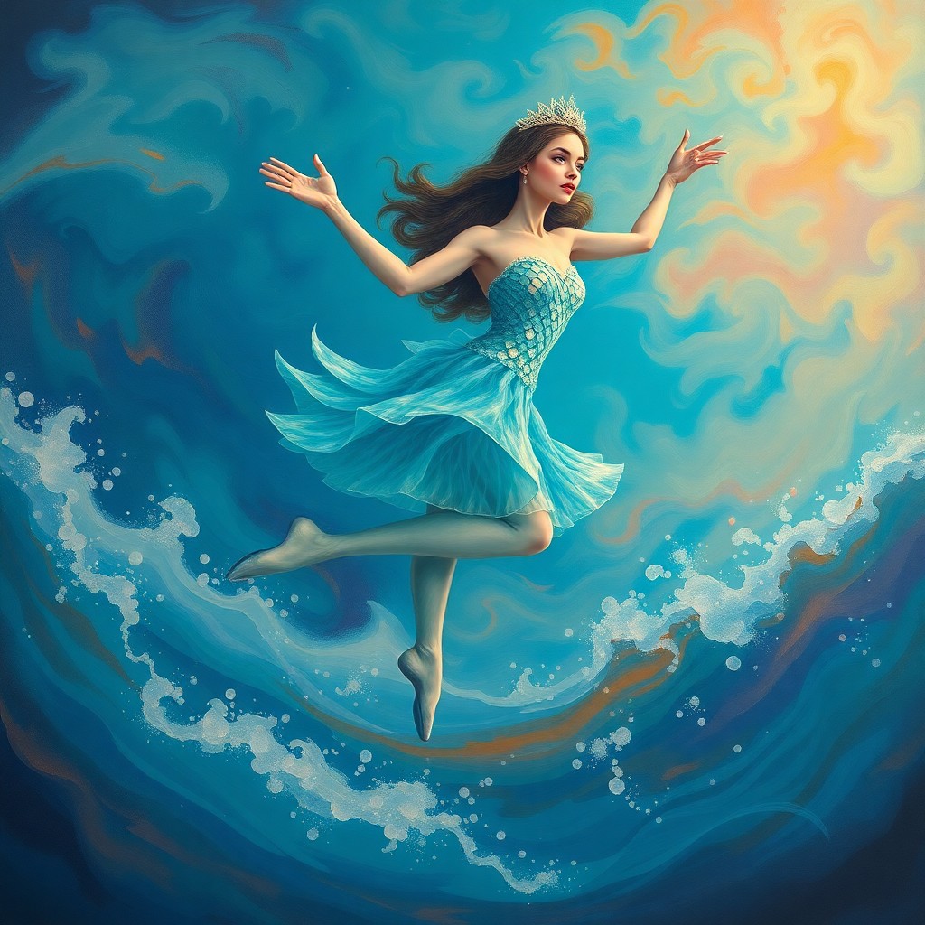 AI generated art for prompt: Imagine an enchanting, surrealist depiction of a mesmerizing sea nymph-like woman with scales gleami