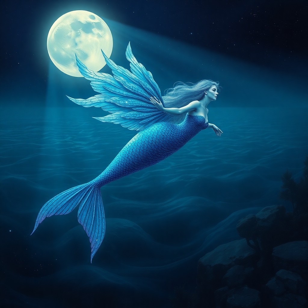 AI generated art for prompt: An enchanting surrealist portrait showcasing the mesmerizing beauty of an ethereal mermaid in mid-fl