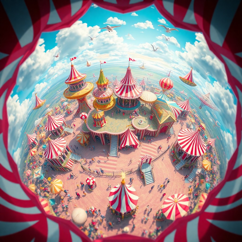 AI generated art for prompt: A surreal digital artwork depicting an enchanting carnival landscape viewed through a kaleidoscope l