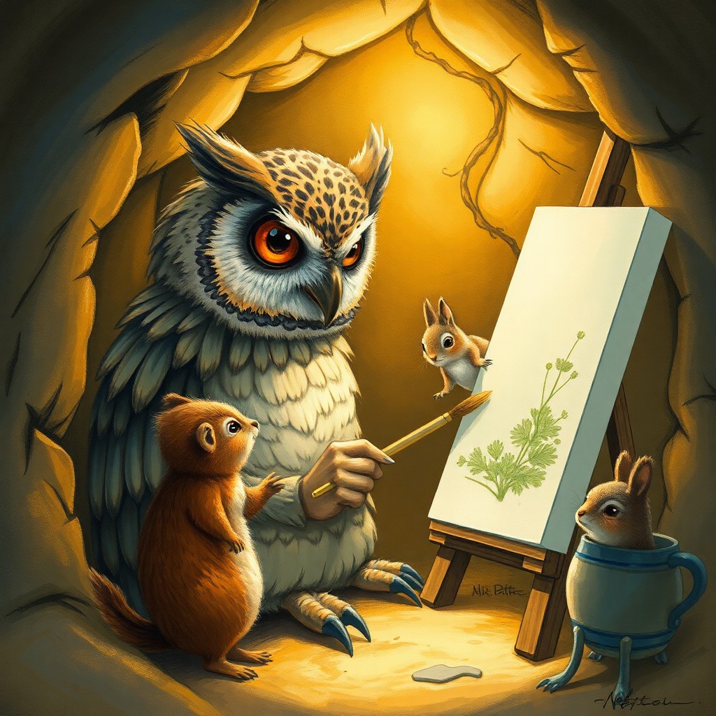 AI generated art for prompt: A charming illustration captures an enchanting scene where a wise owl artist diligently paints in hi