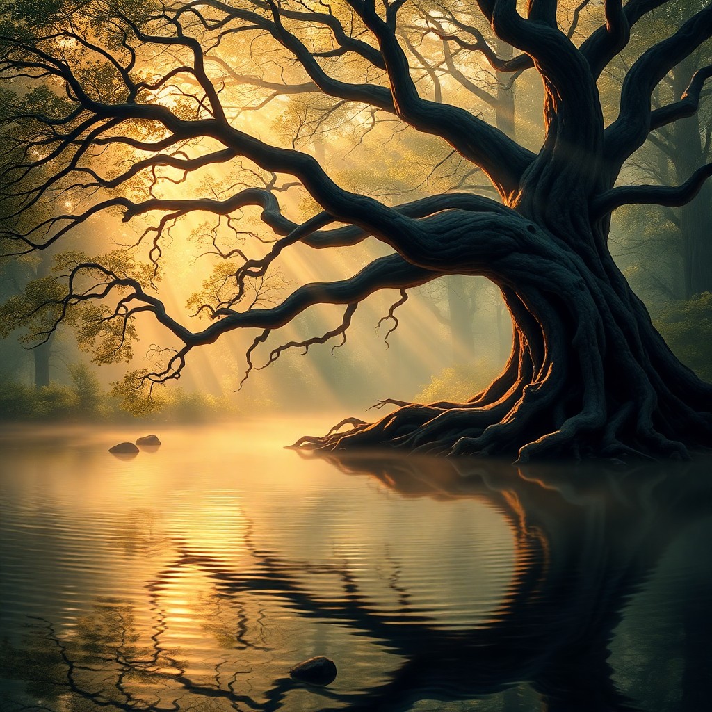 AI generated art for prompt: Create an enchanting scene featuring a majestic, centuries-old tree with twisted roots extending tow