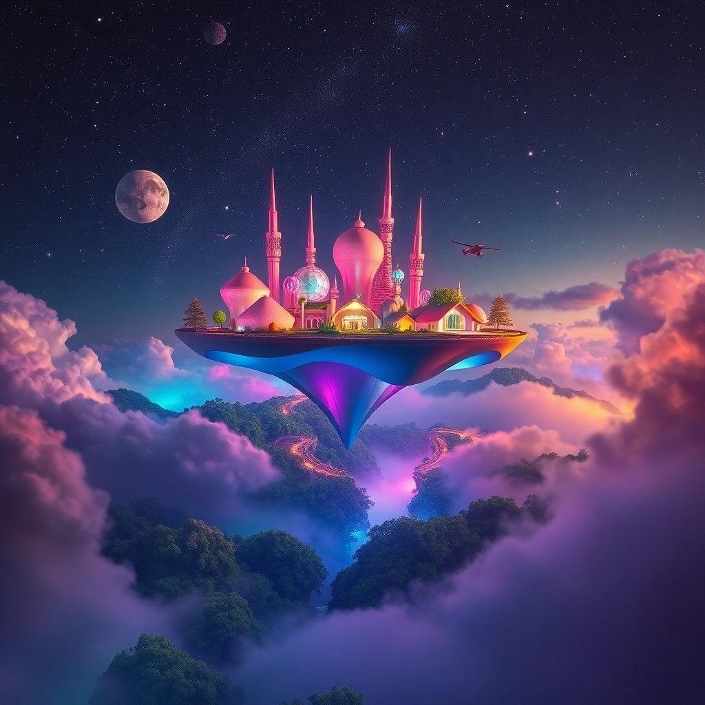 AI generated art for prompt: A dreamlike landscape inspired by whimsical artistry, featuring a floating city composed of geometri