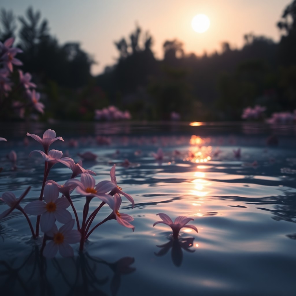 AI generated art for prompt: A dreamlike landscape bathed in the soft light of dusk, this tranquil garden is viewed from beneath 