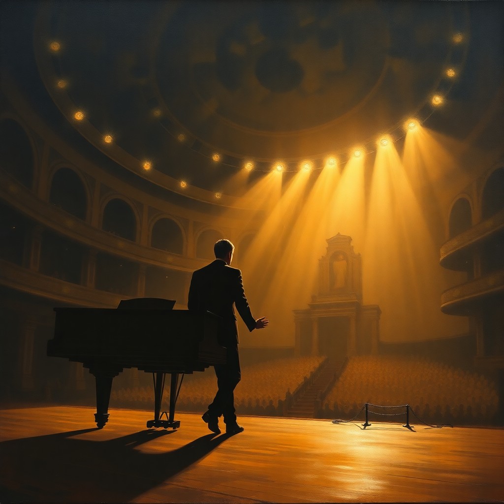 AI generated art for prompt: A deeply evocative oil painting captures a solitary figure lost in thought at an ornate piano within