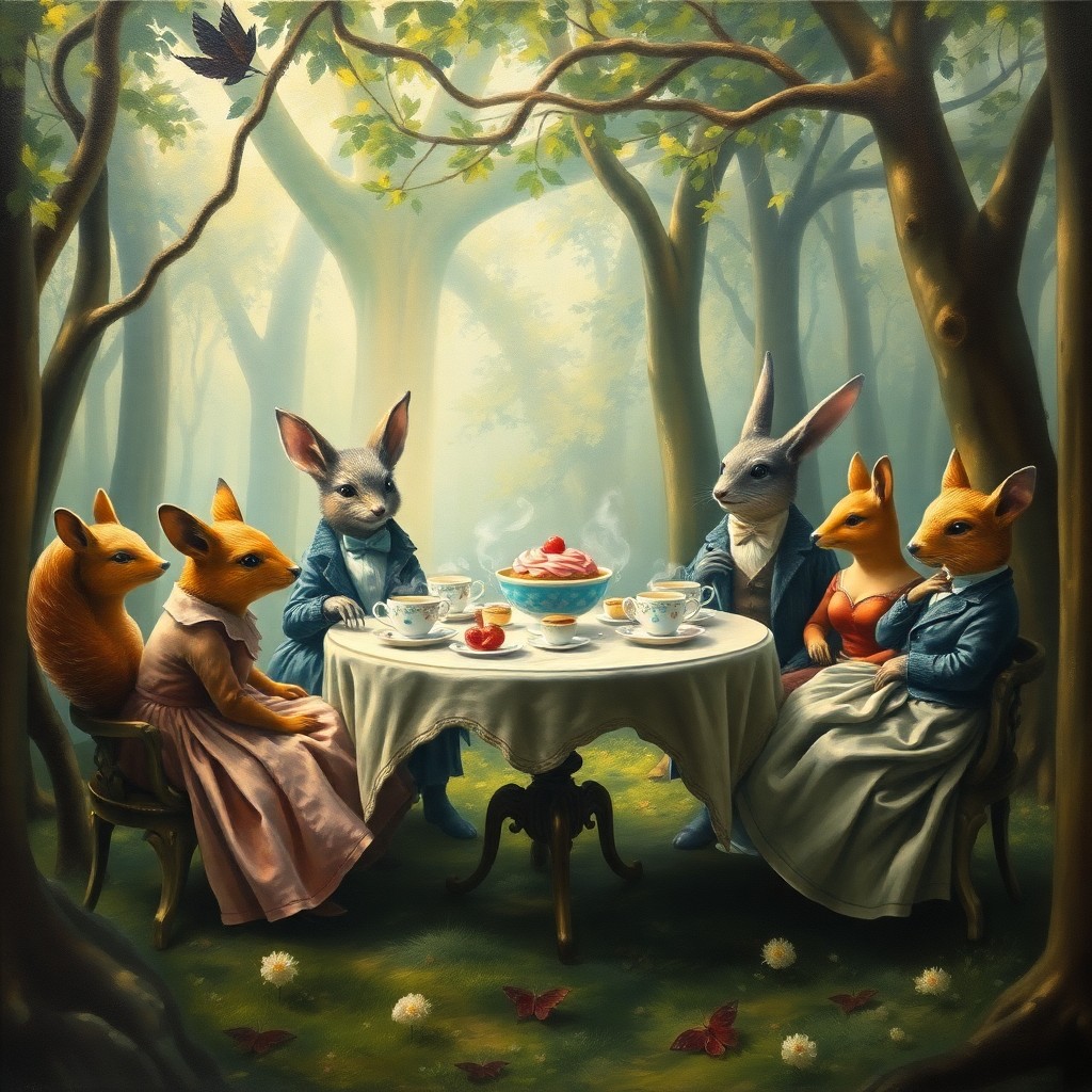 AI generated art for prompt: A whimsical oil painting depicting an enchanted tea party in a dreamlike forest glade, reminiscent o