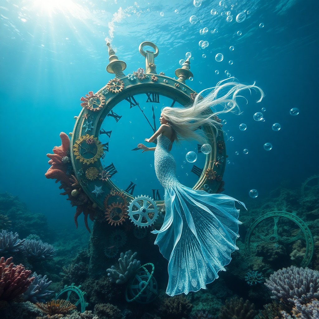 AI generated art for prompt: An entrancing underwater scene merges surrealism with deep-sea cinematography, as a whimsical clock-