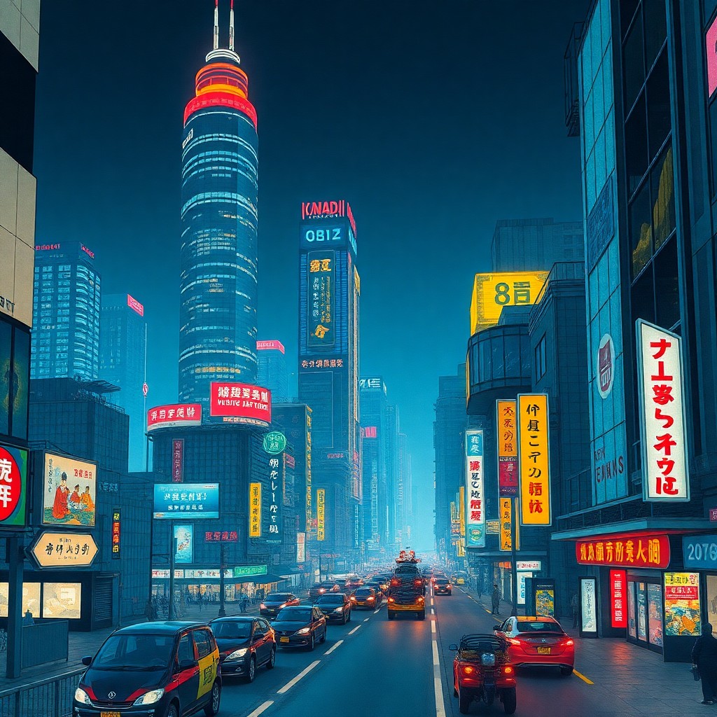 AI generated art for prompt: A futuristic cityscape at night, reminiscent of Japanese ukiyo-e woodblock prints, features towering