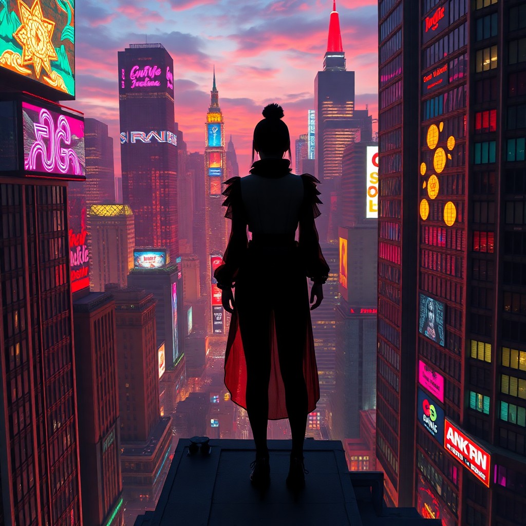 AI generated art for prompt: A futuristic cityscape bathes in the warm glow of neon lights at dusk, with towering skyscrapers ado