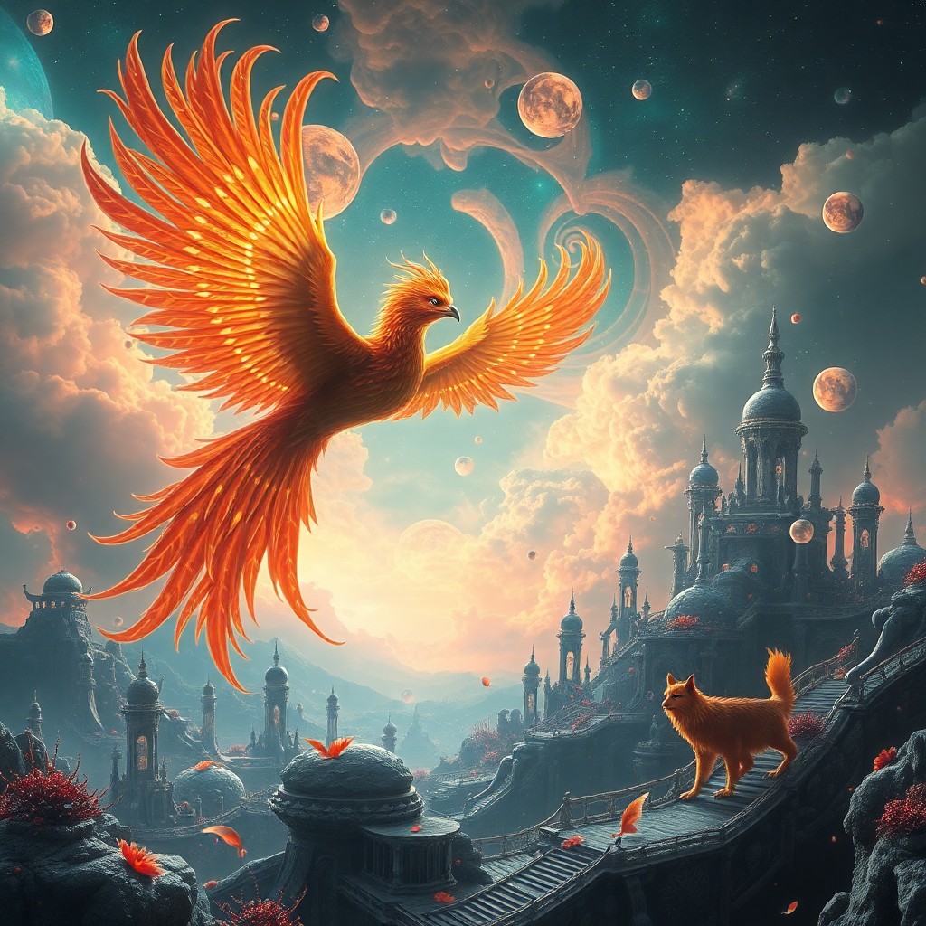 AI generated art for prompt: Imagine a surreal dreamscape where a grand phoenix gracefully glides through an ethereal nebula, rem