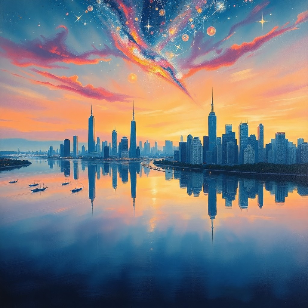 AI generated art for prompt: An enchanting surrealist oil painting captures a luminous cityscape mirrored in a placid lake during