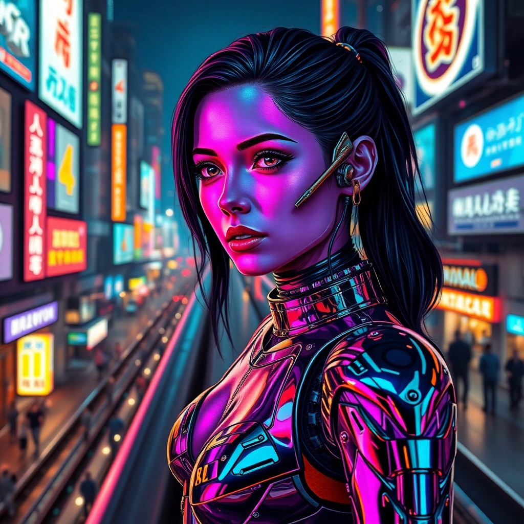 AI generated art for prompt: A captivating portrait of a futuristic cyborg woman with iridescent purple skin, reflecting the vibr