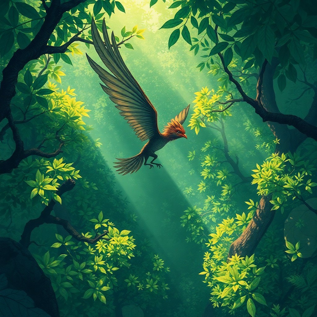 AI generated art for prompt: Dive into an enchanting scene where a whimsical creature - half-bird, half-human - navigates a dense