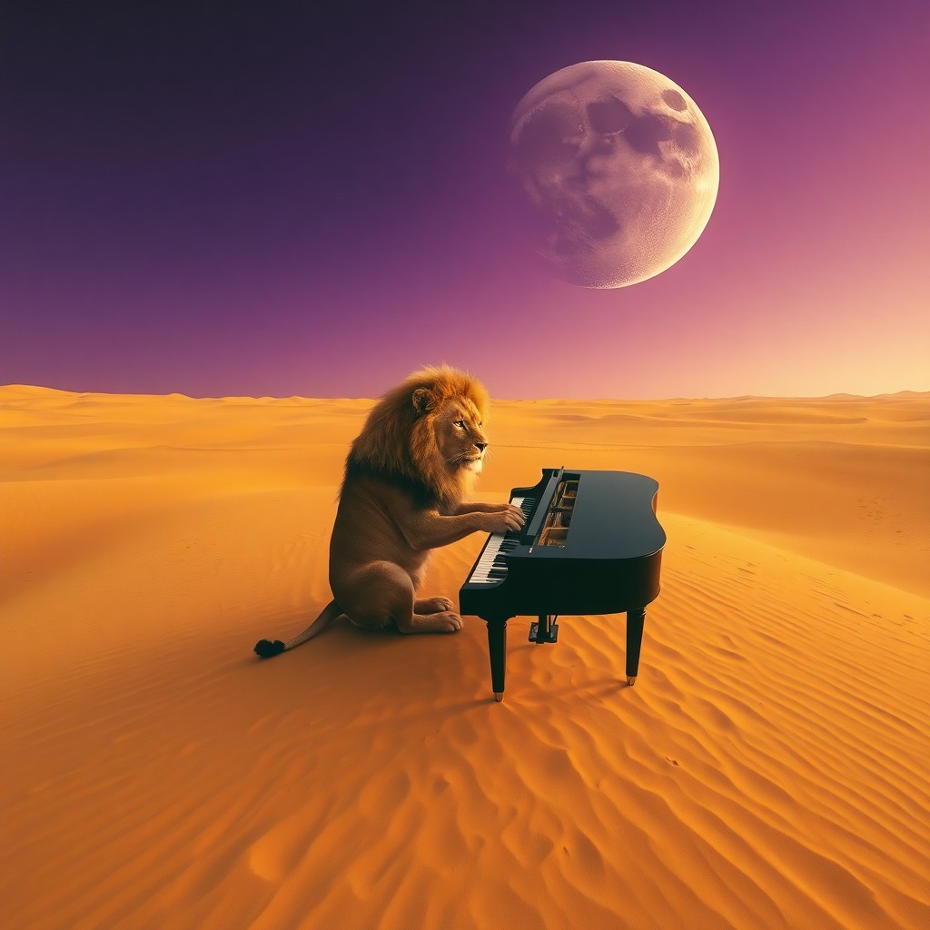 AI generated art for prompt: Envision a surreal and whimsical scene where an awe-inspiring lion gracefully sits at a grand piano 