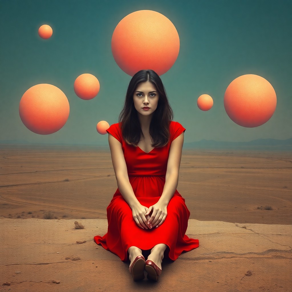 AI generated art for prompt: A young woman in a vivid red dress sits amid levitating orbs on an expansive, barren terrain, her en