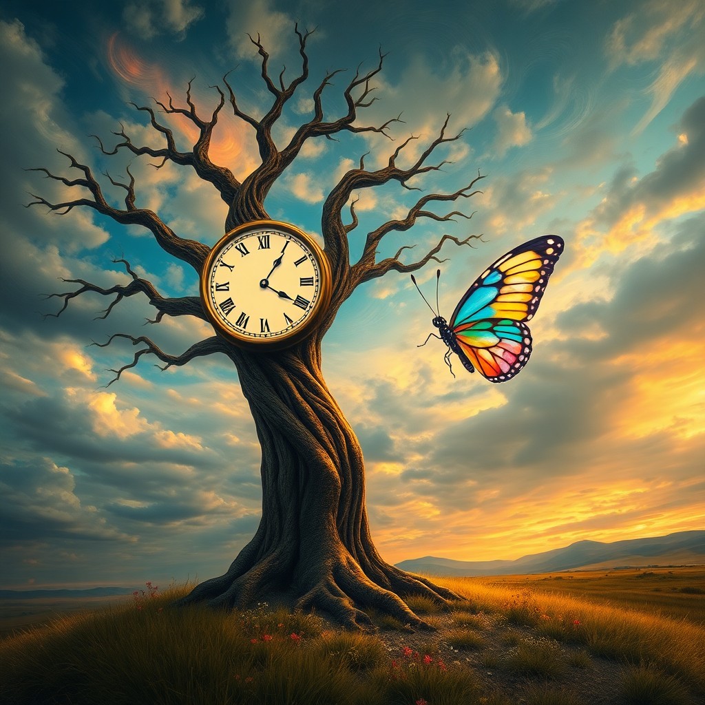 AI generated art for prompt: A surreal landscape depicting an enigmatic tree whose trunk morphs into a clock face with time froze