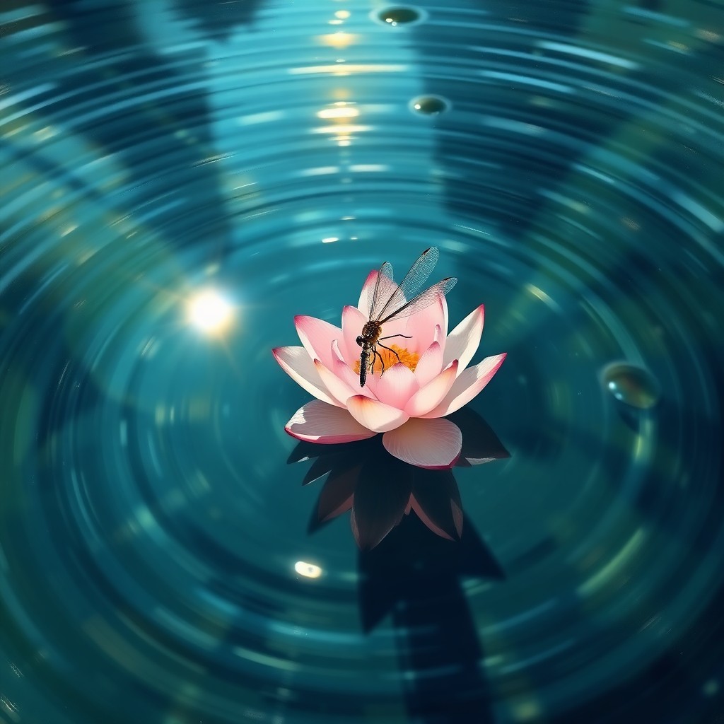 AI generated art for prompt: Craft an idyllic aquatic scene inspired by impressionist techniques, featuring a delicate dragonfly 