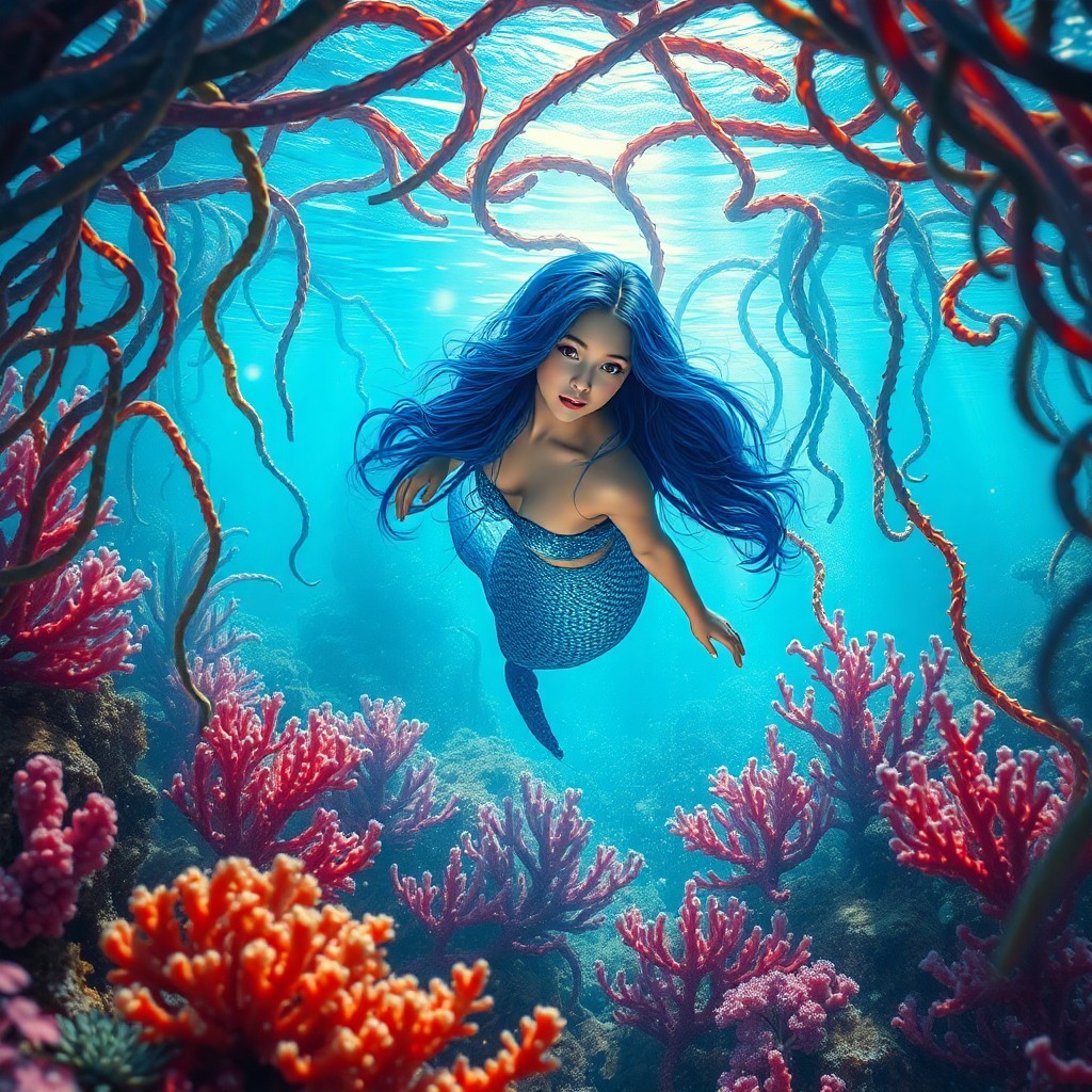 AI generated art for prompt: A mesmerizing underwater scene reminiscent of an impressionist dream, featuring a solitary mermaid w