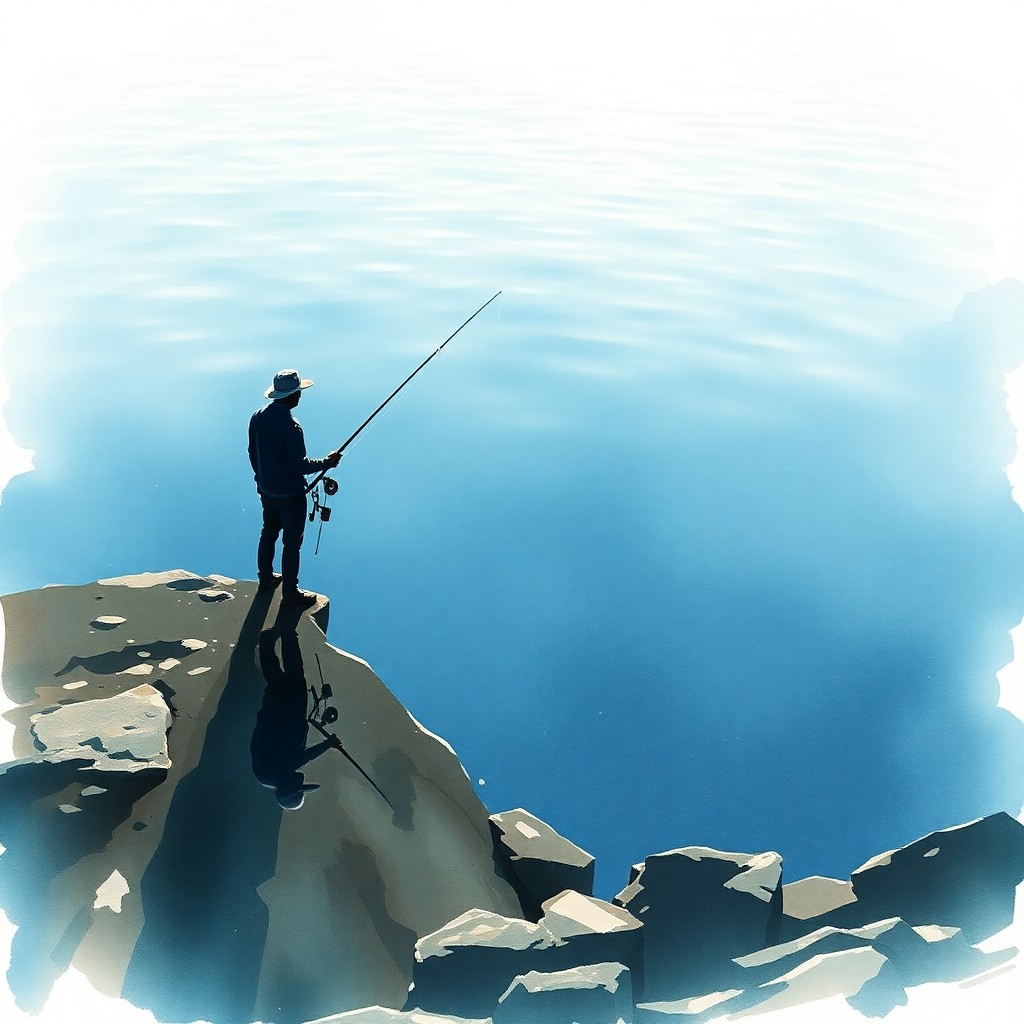 AI generated art for prompt: Craft an image in the style of serene watercolor paintings, showcasing a lone fisherman standing at 