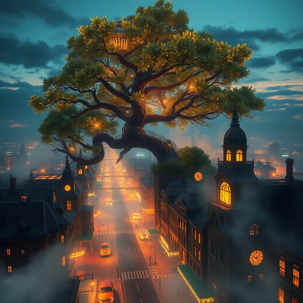 AI generated art for prompt: A mesmerizing digital tableau captures a nocturnal steampunk metropolis in mid-flight, its cobblesto