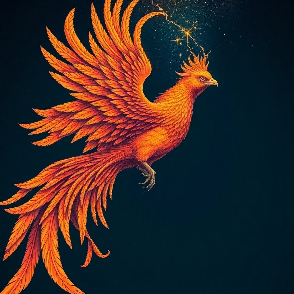 AI generated art for prompt: An exquisite portrayal of a mythical phoenix, akin to the intricate line engravings by Gustave Doré,