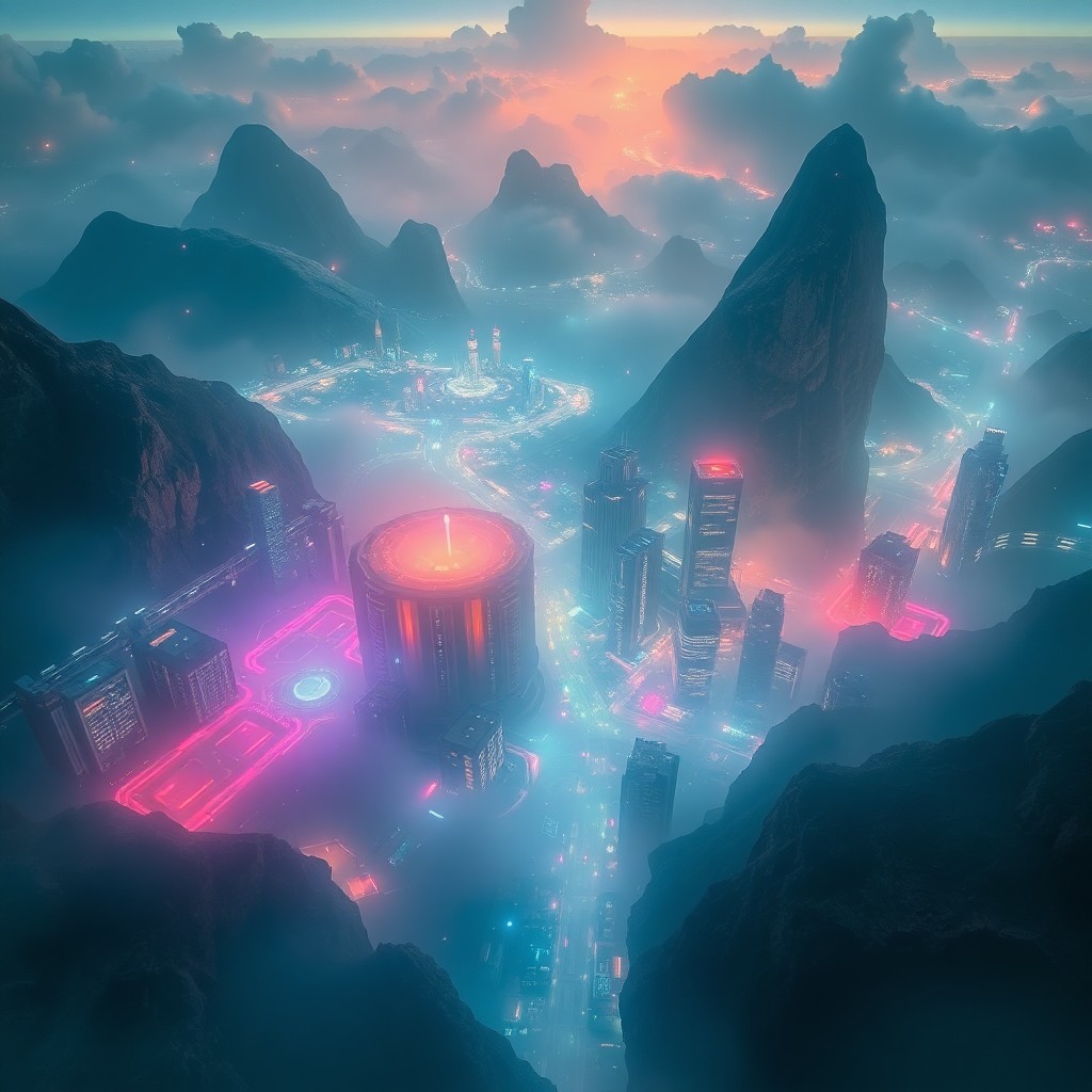 AI generated art for prompt: Imagine a surreal, dreamlike landscape showcasing a futuristic cityscape at night, viewed from an ae