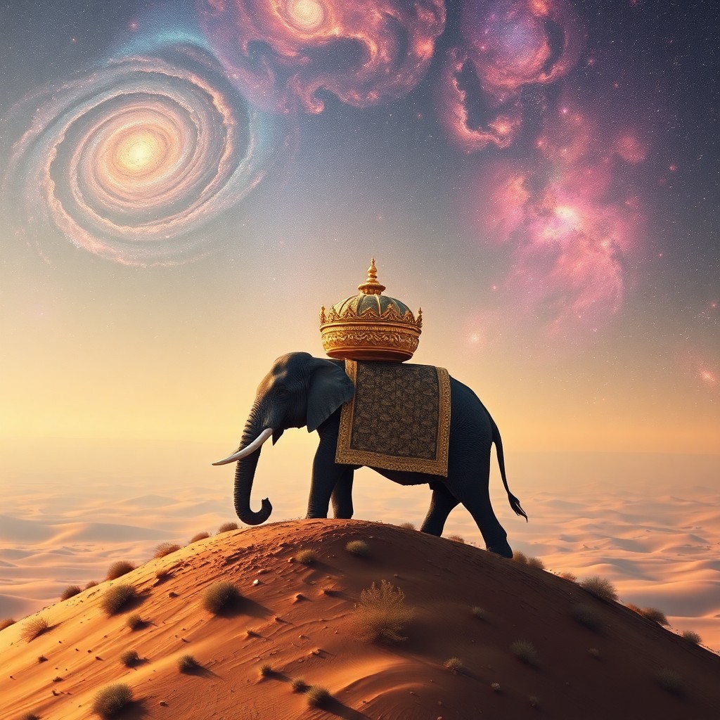 AI generated art for prompt: A surreal landscape where an imposing elephant with a lavish golden howdah on its back dominates a h