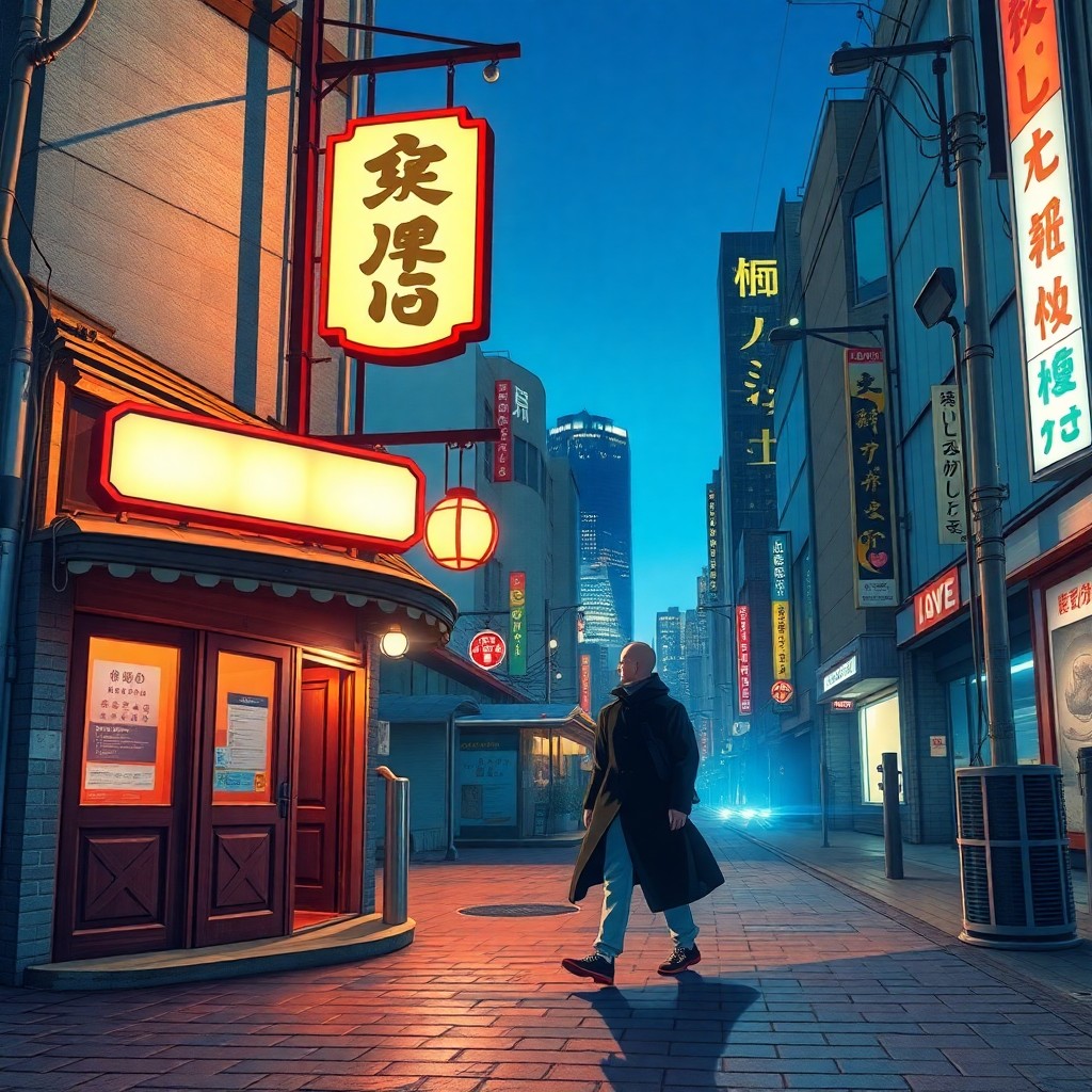 AI generated art for prompt: Imagine a vibrant Tokyo street corner at dusk, captured through the lens of an diminutive robotic cr