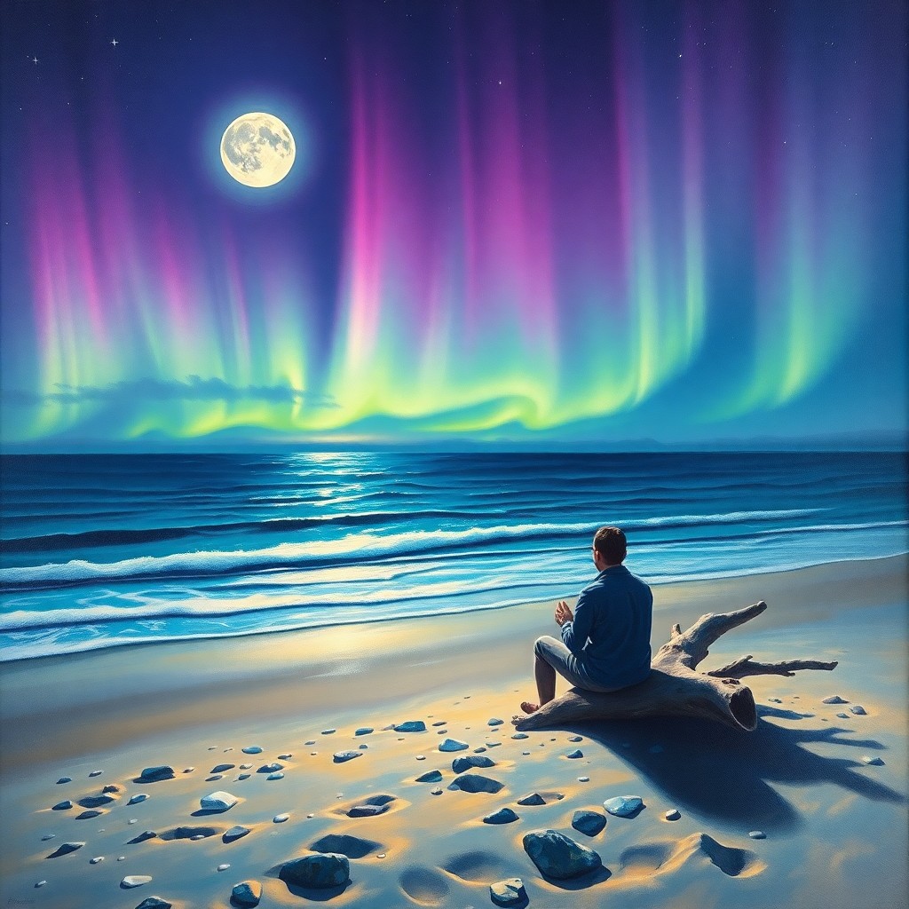 AI generated art for prompt: An awe-inspiring oil painting captures a tranquil moonlit beach at night from an elevated aerial per