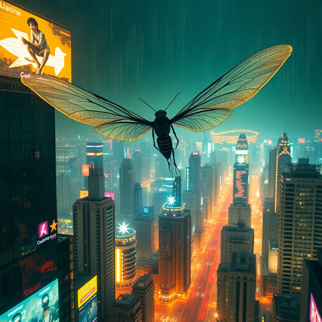 AI generated art for prompt: A mesmerizing cyberpunk tableau showcases an enigmatic winged being gliding gracefully over a sprawl