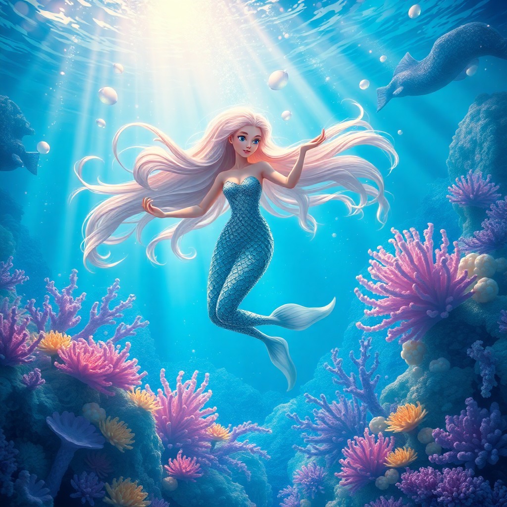 AI generated art for prompt: An enchanting underwater tableau depicting a mystical sea nymph with shimmering scales and cascading