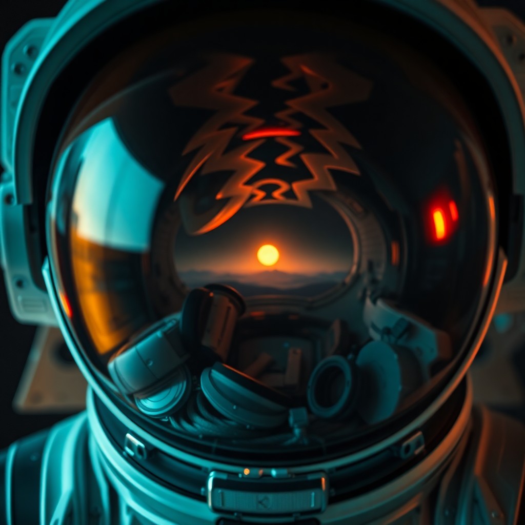 AI generated art for prompt: A surrealistic astronaut's helmet portrait captures a close-up view from behind the visor, revealing