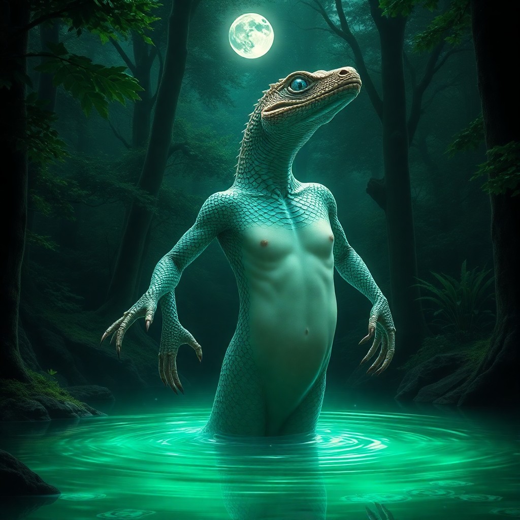 AI generated art for prompt: A breathtaking digital artwork depicts an ethereal being, combining reptilian features with human fo