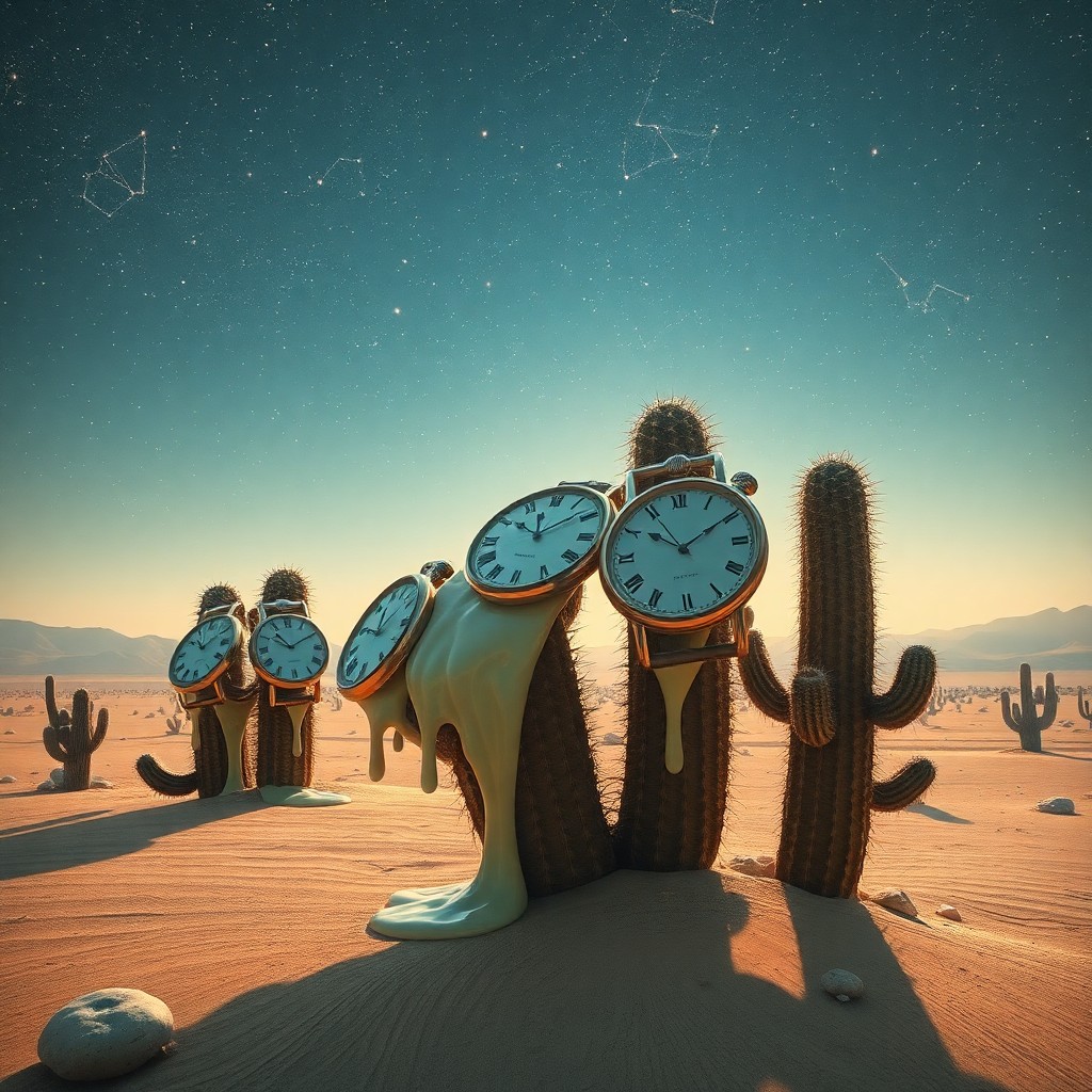 AI generated art for prompt: A surreal desert landscape showcases melting timepieces draped over peculiar cacti under an ethereal