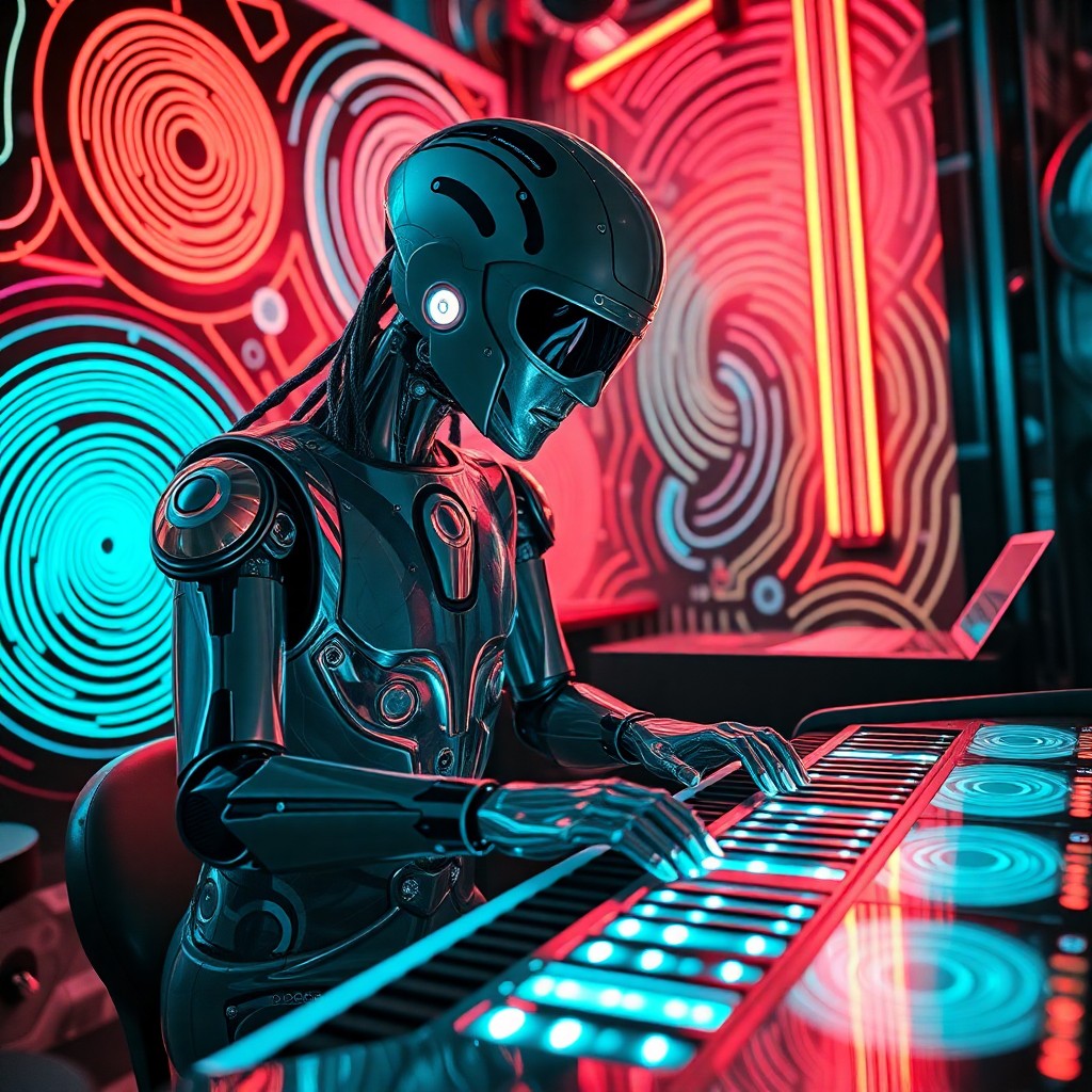 AI generated art for prompt: A captivating portrait of an android musician in a neon-infused, retro-futuristic jazz club, featuri