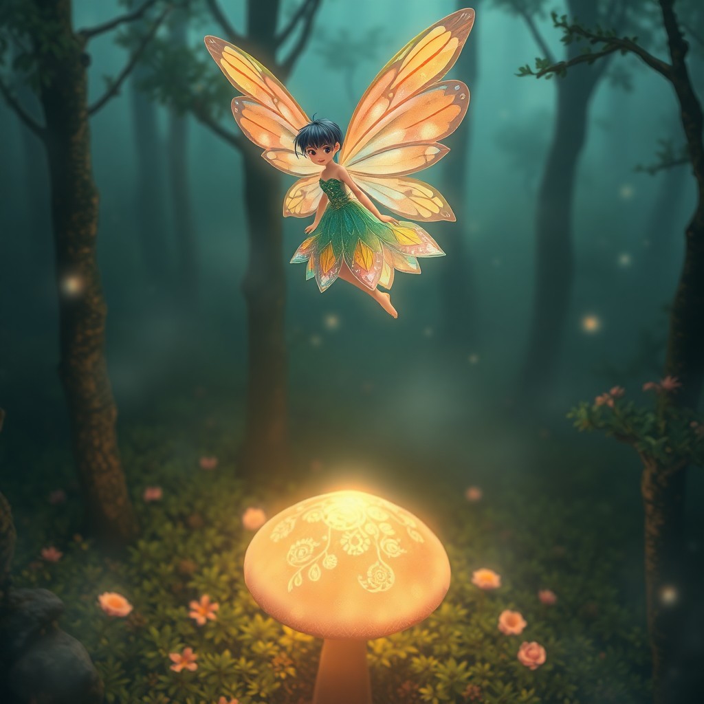 AI generated art for prompt: A whimsical fairy gracefully descends from above, her iridescent wings reflecting an array of colors