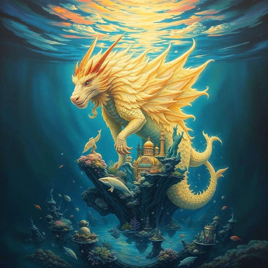 AI generated art for prompt: An enigmatic oil painting depicts a regal mythical creature emerging from an enigmatic body of water