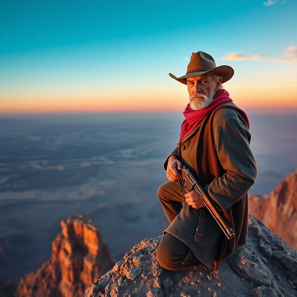 AI generated art for prompt: Craft an image embodying photorealistic precision, portraying a lone cowboy perched on a craggy prec