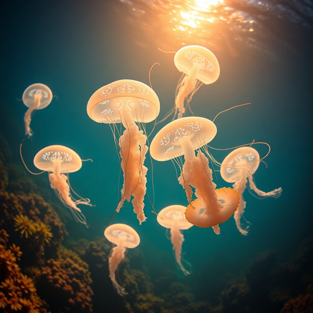 AI generated art for prompt: An aerial view captures a surreal underwater ballet performed by elegant jellyfish dancers, displayi