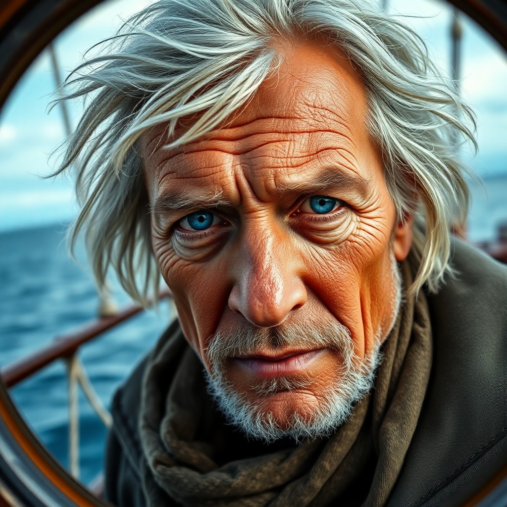 AI generated art for prompt: Envision an evocative portrait of an aged sea captain with striking blue eyes and disheveled silver 