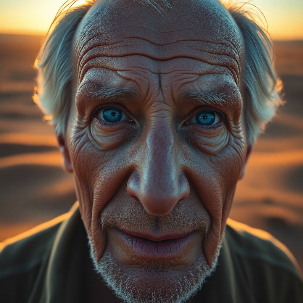 AI generated art for prompt: A wise elderly man with striking blue eyes is portrayed in photorealistic detail against a vast dese