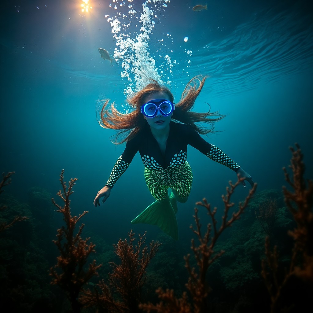 AI generated art for prompt: An underwater scene showcases an enigmatic deep-sea diver with captivating mermaid characteristics e