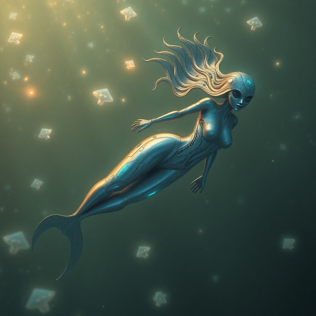 AI generated art for prompt: Imagine an enchanting digital artwork depicting a cybernetic mermaid's enigmatic presence in an alie