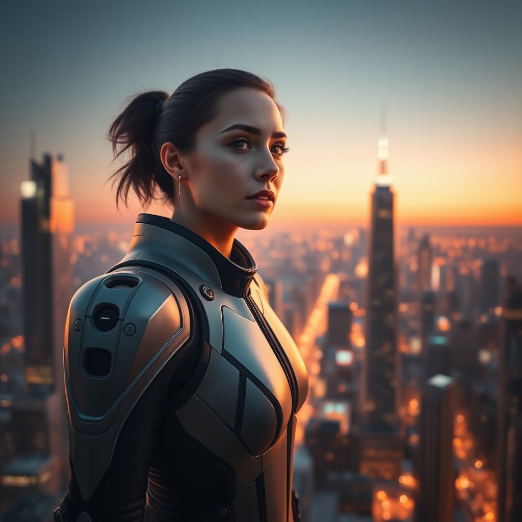 AI generated art for prompt: A striking hyperrealistic portrait showcases a woman in an advanced exosuit standing amidst a futuri