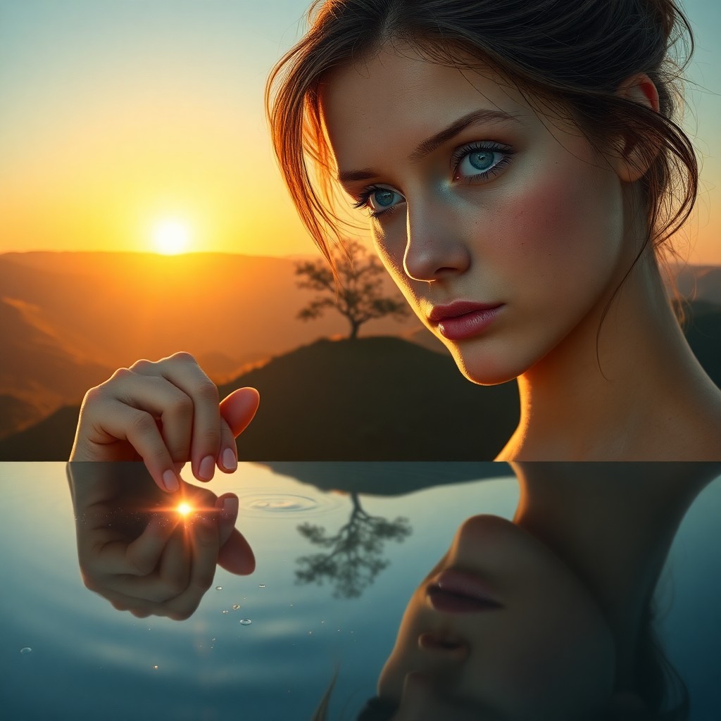 AI generated art for prompt: A young woman with captivating azure eyes and a subtle freckled visage contemplates the horizon from