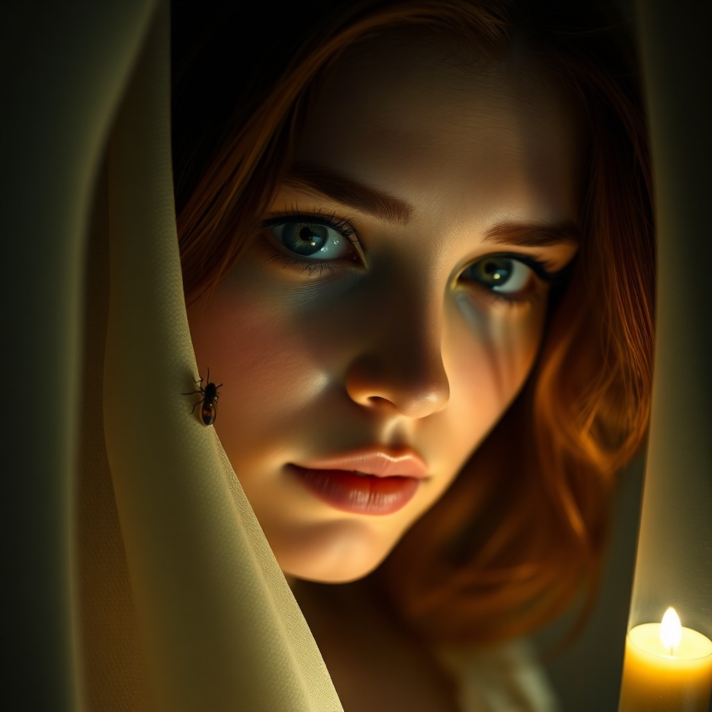 AI generated art for prompt: A captivating portrait in the style of chiaroscuro showcases a young woman with striking green eyes,